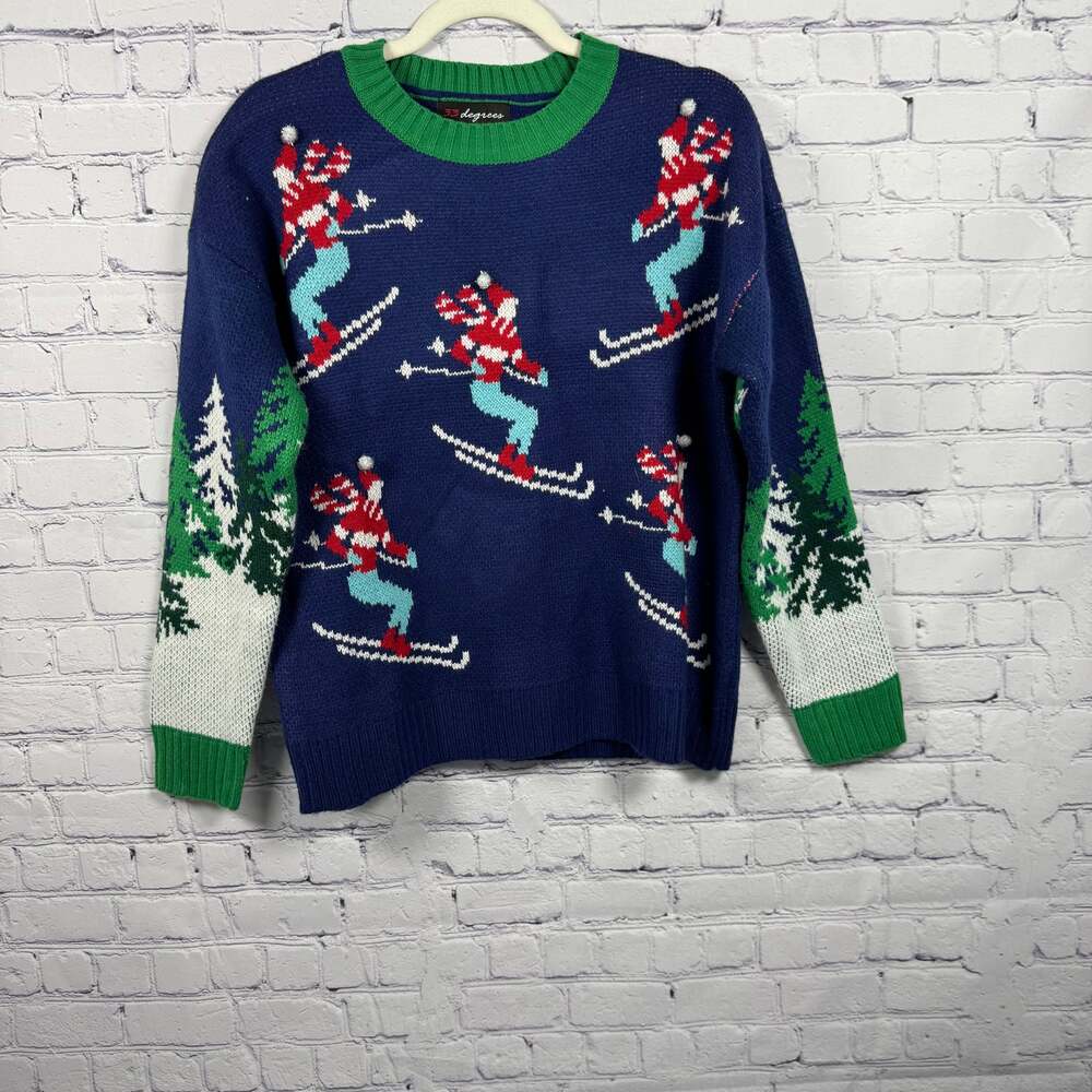 33 Degrees Women's Alpine Skier Blue Holiday Ugly Snow Winter Graphic Sweater